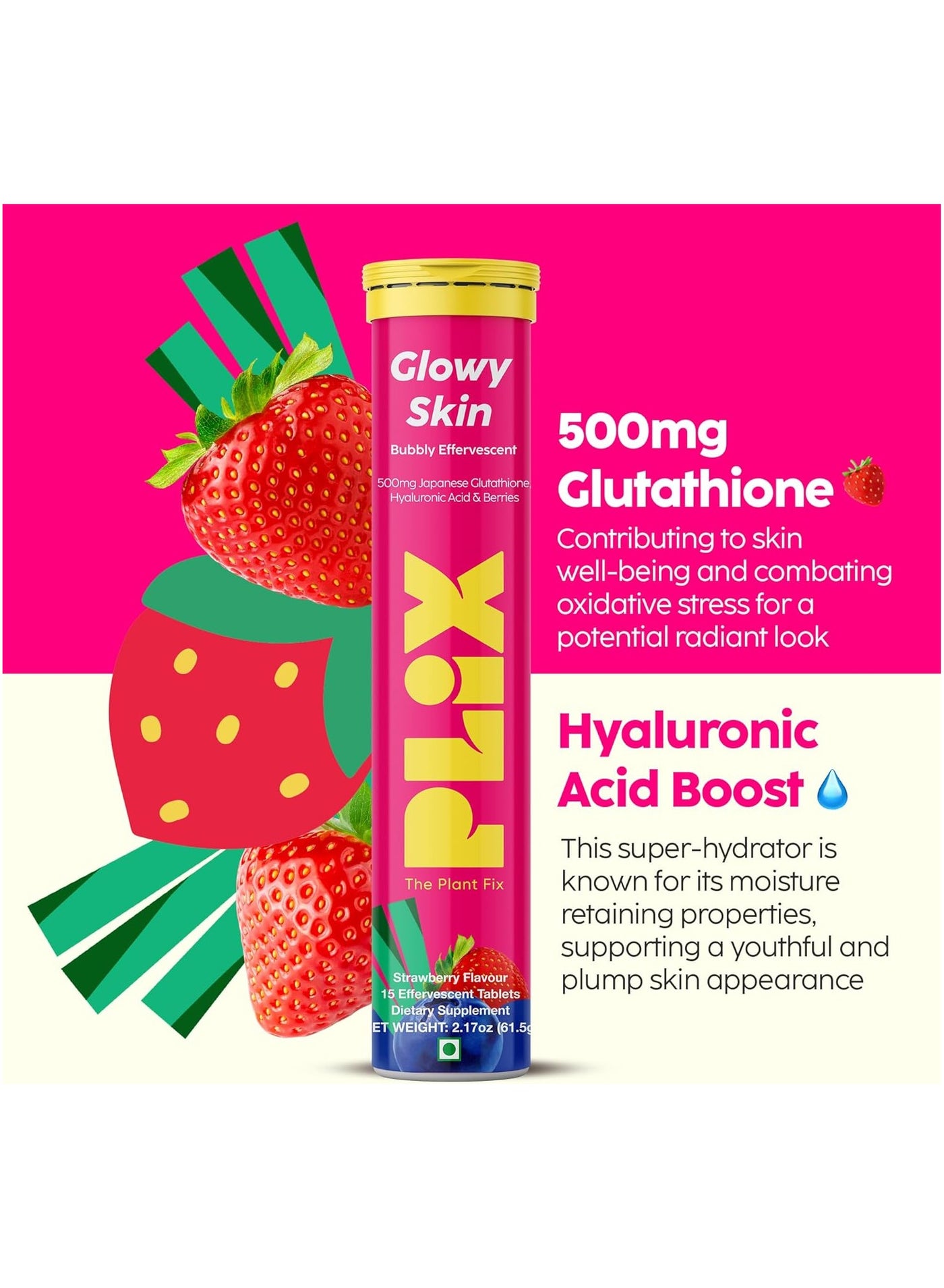 Plix The Plant Fix Glutathione Skin Glow 90 Effervescent Tablets 500Mg Pack Of 6 Strawberry Flavour